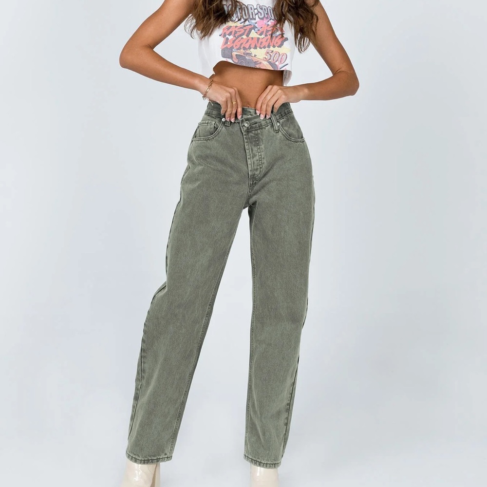 Holly Asymmetric Straight Leg Jean Green Denim